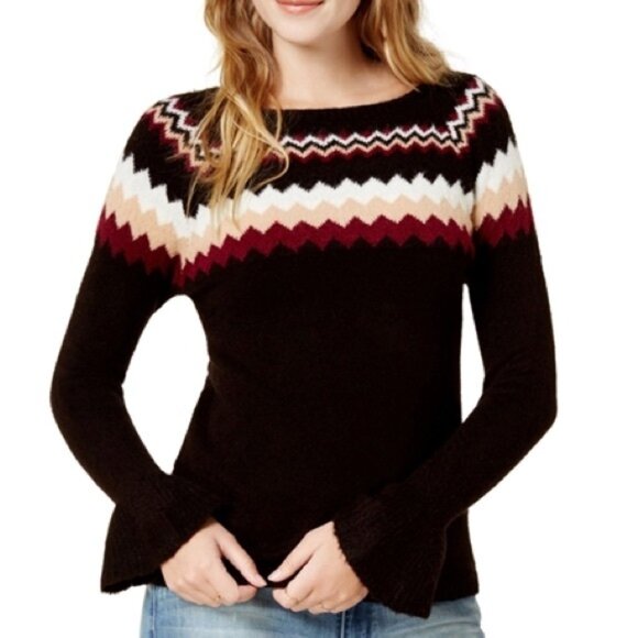 Kensie Women's Knit Fair Isle Pullover Bell Sleeve Sweater, Size Medium - Picture 1 of 7